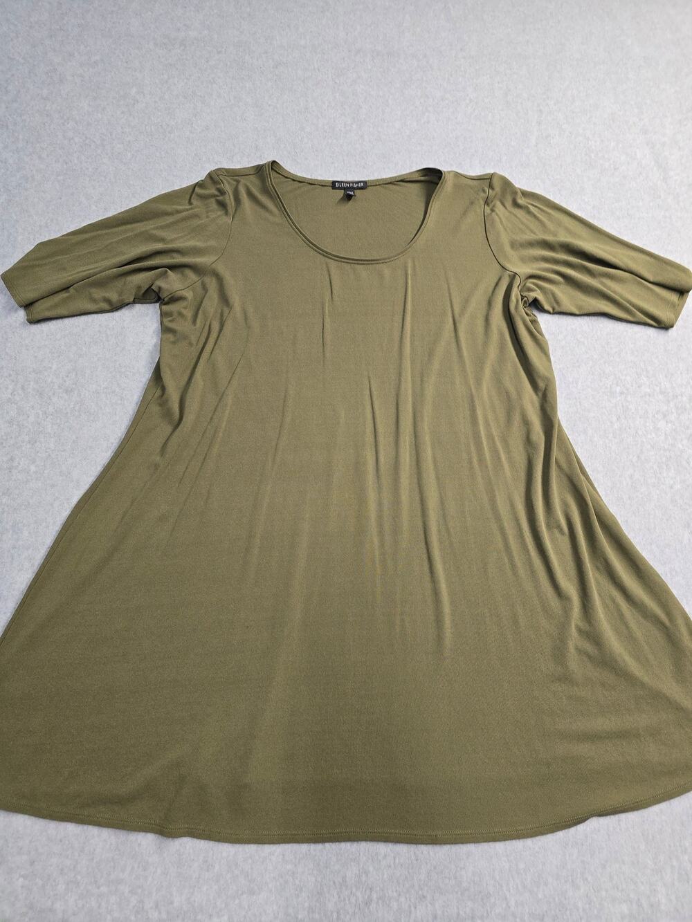 Eileen Fisher L Silk Tunic Dress Olive Green A Line short Sleeve Lagenlook Luxe